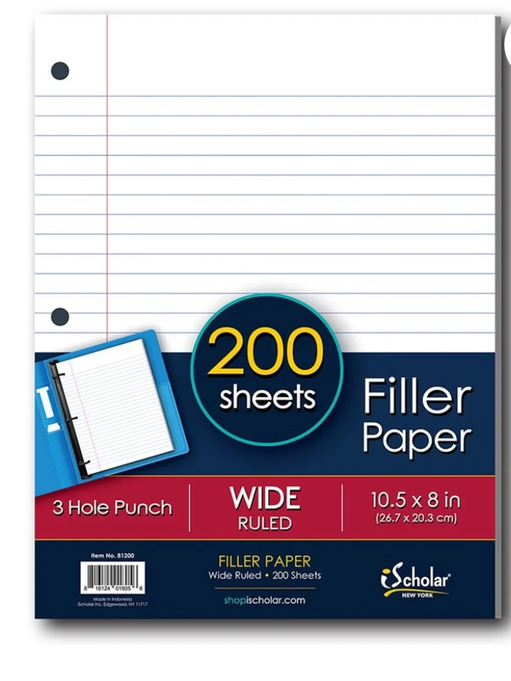 IScholar Wide Rulled Filler Paper 3 Hole Punch 10.5X8in 200 Sheets X 3 Pack